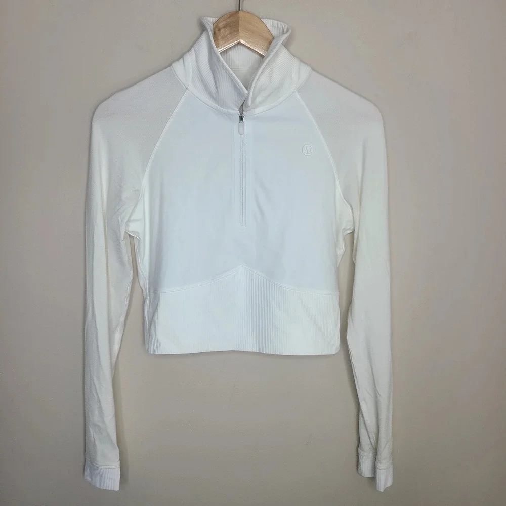Lululemon Take It In Stride Half Zip Long Sleeve Crop Top‎ White Womens 8